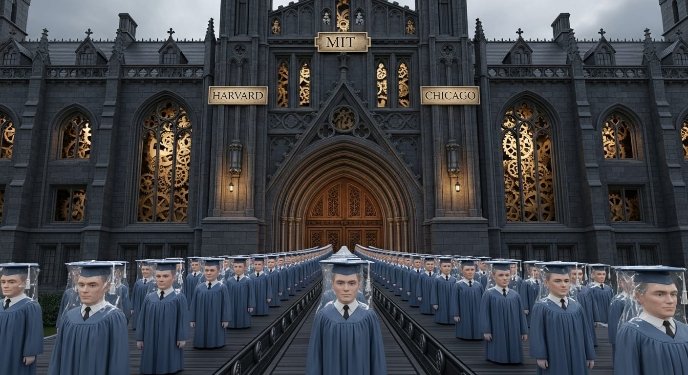 Иллюстрация 'фабрики мыслей' элитных университетов, показывающая конвейер по производству однотипных экономистов и подавление альтернативных идей в академической среде.