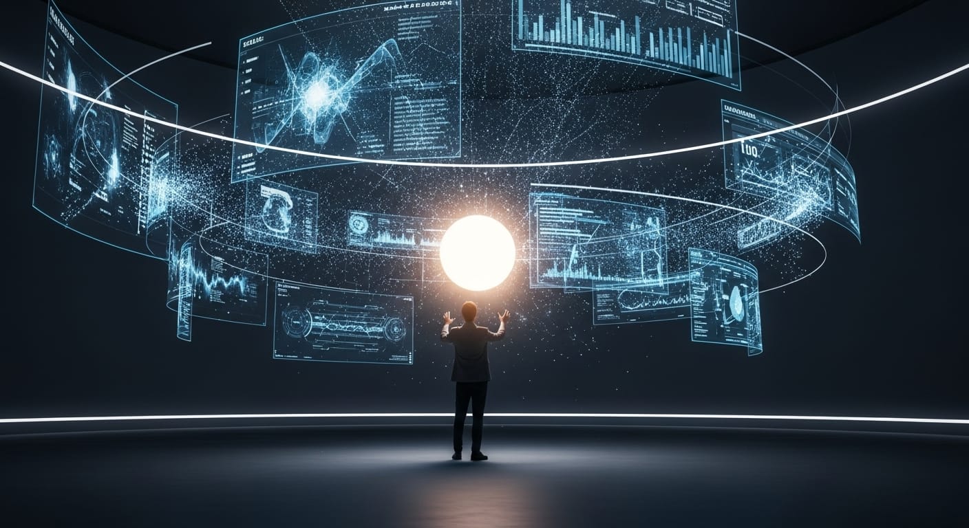 Силуэт одного эксперта в футуристическом командном центре, где он управляет хаотичными потоками данных и синтезирует их в один чистый и ясный сигнал, что символизирует парадигму "Соло-центр силы".