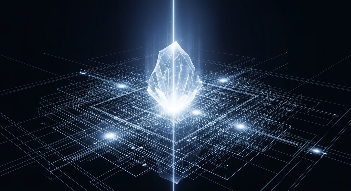 Абстрактный технологический чертеж, из центра которого исходит сфокусированный луч света — символ спроектированной ясности и синтеза идей в Bitvoda.