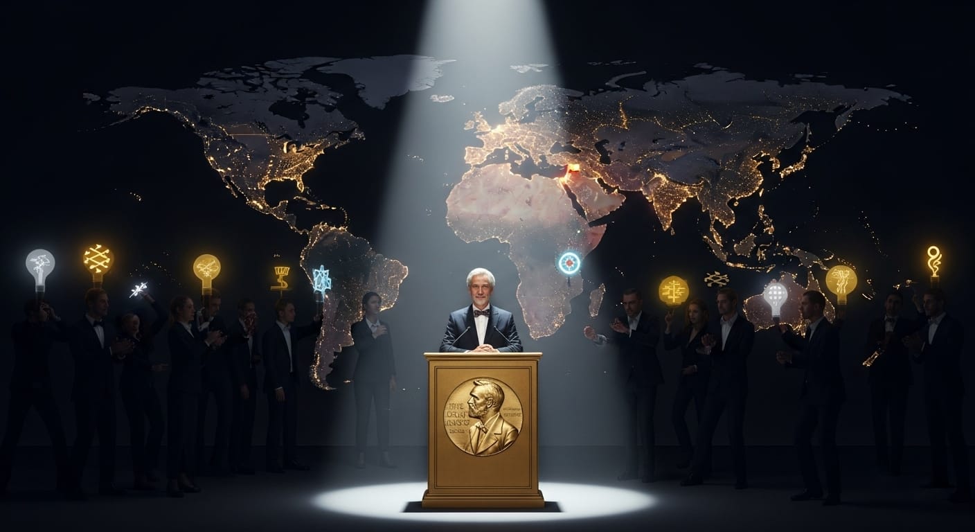 Иллюстрация фильтрации идей в экономике: механизм рецензирования в научных журналах и доминирование мейнстрима в присуждении Нобелевской премии, с акцентом на влияние США и Чикагского университета.