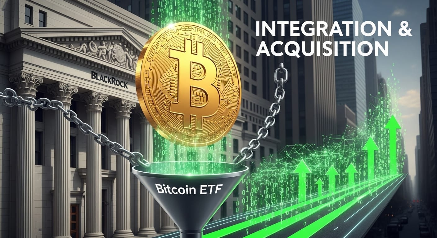 Визуализация интеграции Биткойна в традиционные финансы. Золотой символ Биткойна связан цепями перед зданием Уолл-стрит с надписью 'BlackRock'. Символ Биткойна направляется в воронку с надписью 'Bitcoin ETF', превращаясь в поток данных, уходящий в цифровую дорогу с зелеными стрелками. Над изображением текст 'INTEGRATION & ACQUISITION'
