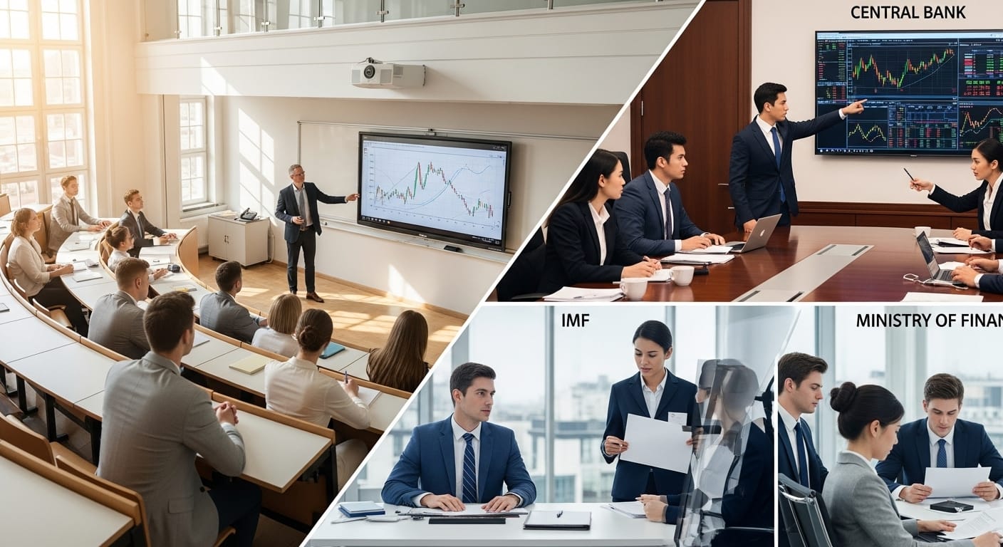 Иллюстрация выпускников элитных университетов, управляющих глобальной экономикой из центральных банков, МВФ и правительств, используя математические модели для принятия решений о процентных ставках и кредитах.