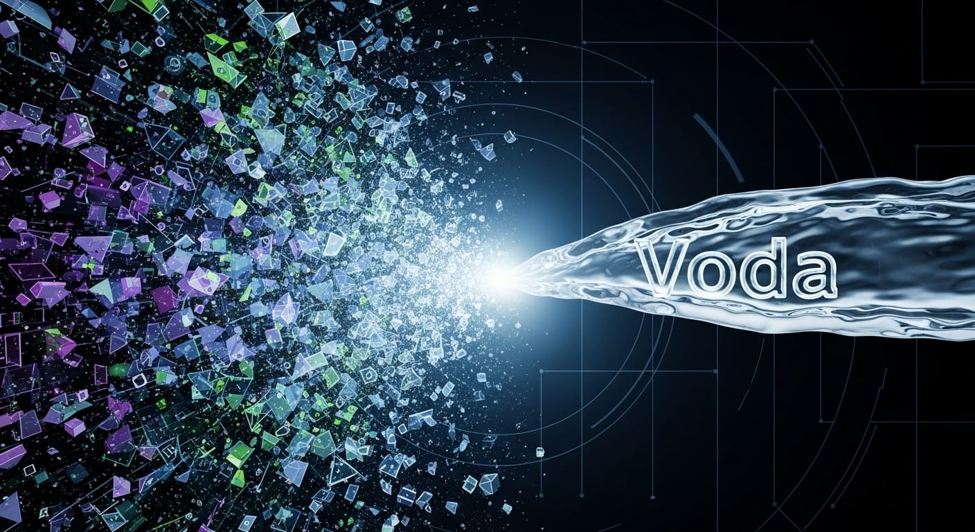 Абстрактная визуализация трансформации хаотичных цифровых битов в чистый, кристаллический поток, символизирующий философию Bitvoda — от данных к ясности.