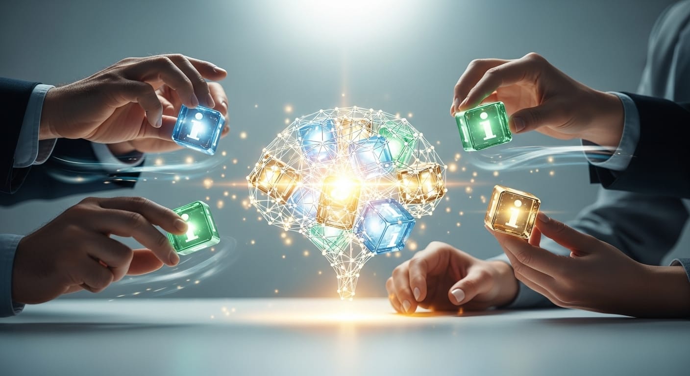 Руки, бережно собирающие светящуюся и прочную структуру из абстрактных информационных блоков — символ созидания долговечных интеллектуальных активов.