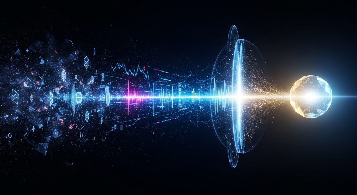 Концептуальная инфографика, показывающая трехэтапный процесс анализа в Bitvoda: хаотичный поток сырых данных слева проходит через аналитический вихрь в центре и превращается в чистый, кристаллический инсайт справа.