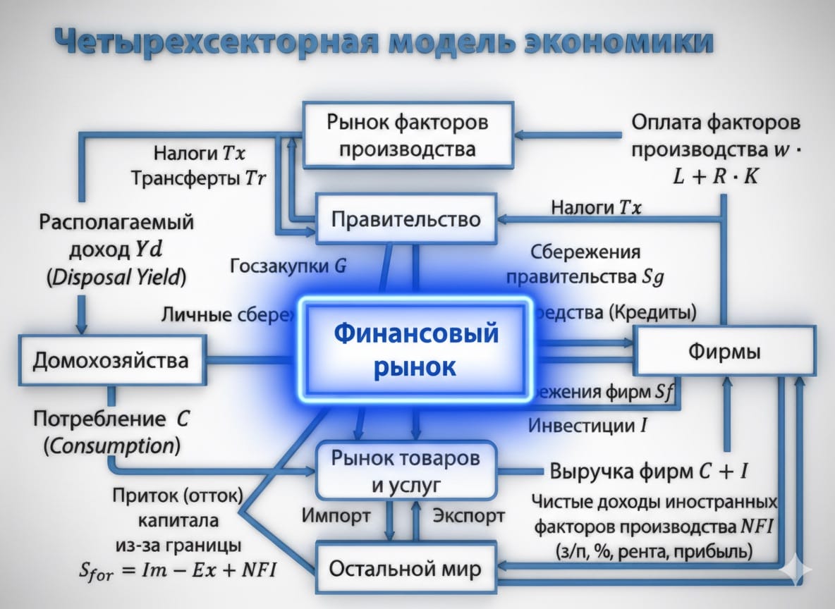 Идеализированная схема четырехсекторной модели экономики: домохозяйства, фирмы, правительство и остальной мир.