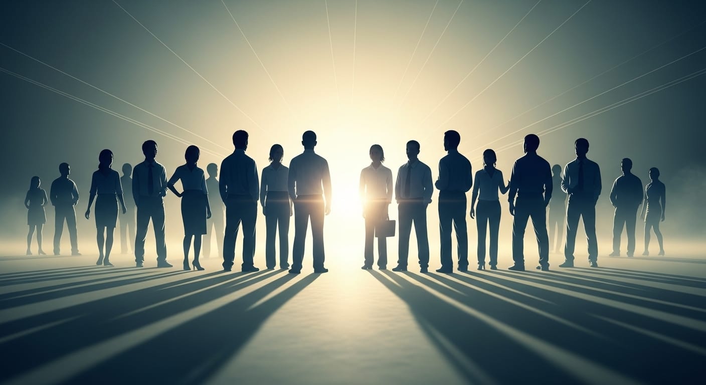 Силуэты людей, объединенных общей целью, смотрят на ясный, светлый горизонт — символ движения Bitvoda к будущему, основанному на понимании.