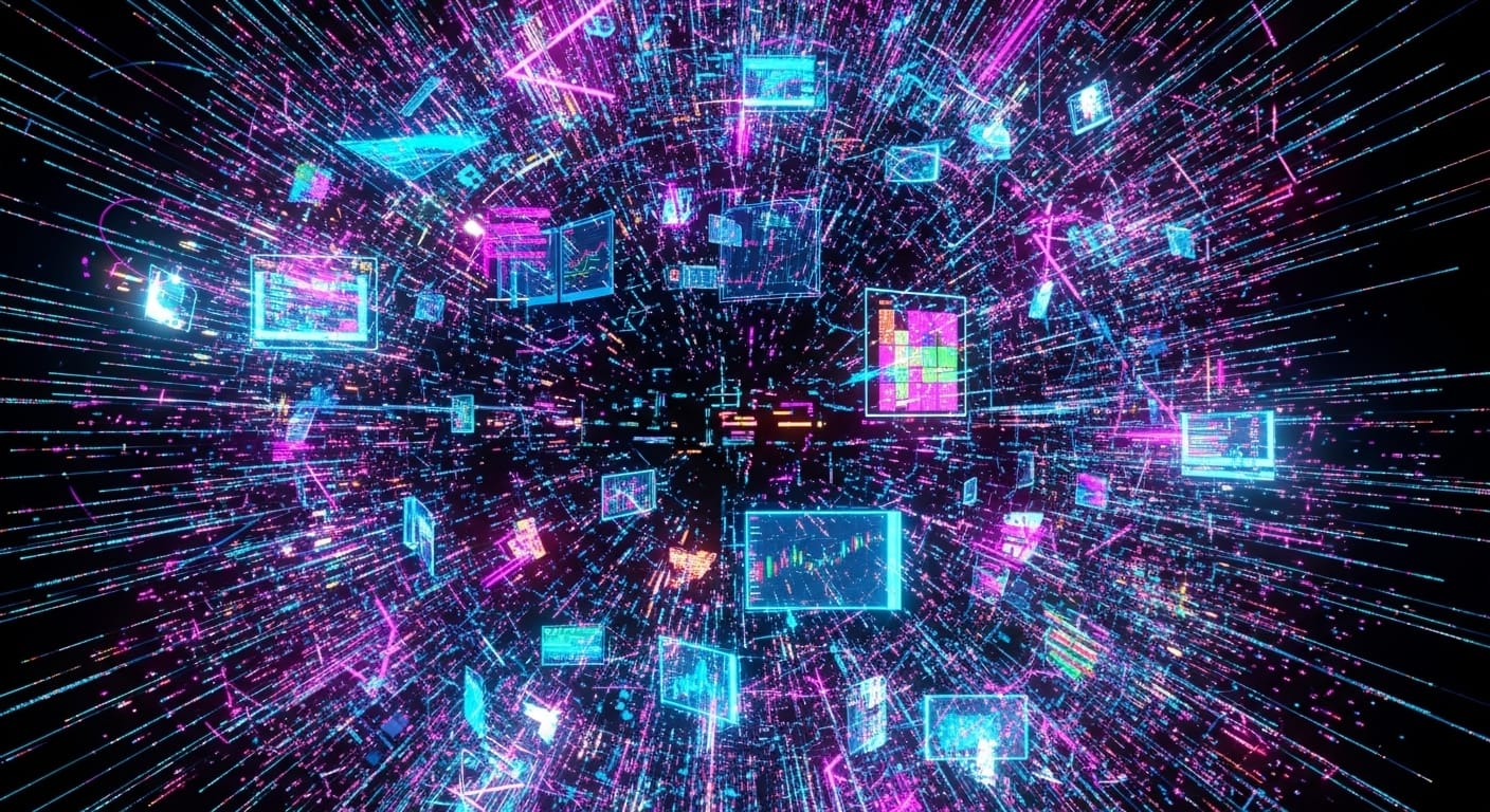 Динамичное изображение в стиле неонового киберпанка, показывающее вихрь из фрагментированных цифровых данных и глитч-эффектов, символизирующее информационный хаос и дезориентацию.