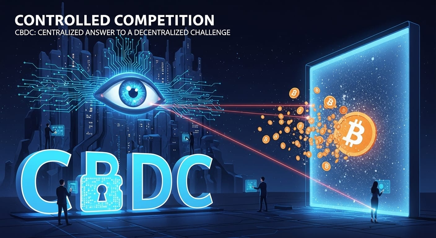 Аллегорическая иллюстрация CBDC (цифровых валют центральных банков) как контролируемой конкуренции с Биткойном. Монолитное здание с всевидящим цифровым глазом символизирует централизованный контроль. Крупные светящиеся синие буквы 'CBDC' с цифровым замком в букве 'C' подчеркивают программируемость денег. На заднем плане, портал с разлетающимися символами Биткойна олицетворяет децентрализацию. Люди взаимодействуют с цифровыми интерфейсами, находясь под наблюдением. Надпись 'CONTROLLED COMPETITION' и 'CBDC: CENTRALIZED ANSWER TO A DECENTRALIZED CHALLENGE' сверху."