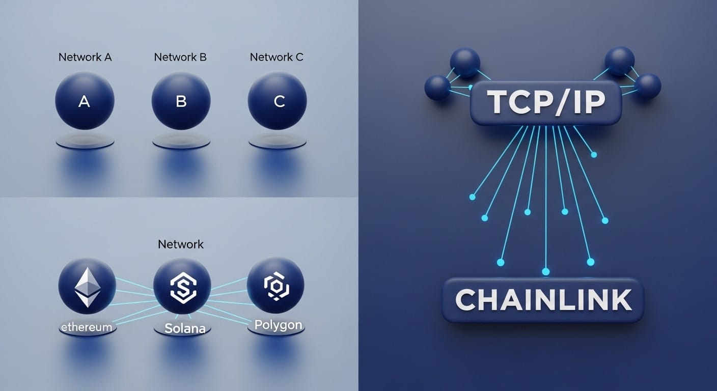 Визуальная метафора, где логотип Chainlink работает как протокол TCP/IP, объединяя изолированные острова-блокчейны в единую сеть.