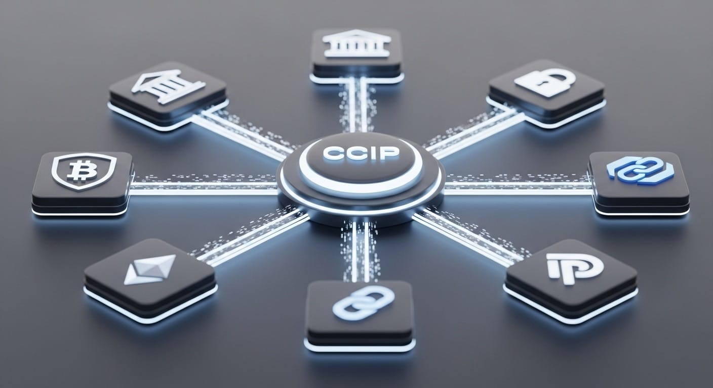 Инфографика, демонстрирующая протокол Chainlink CCIP как универсальный мост между различными блокчейнами, такими как Ethereum, Avalanche и частными сетями.