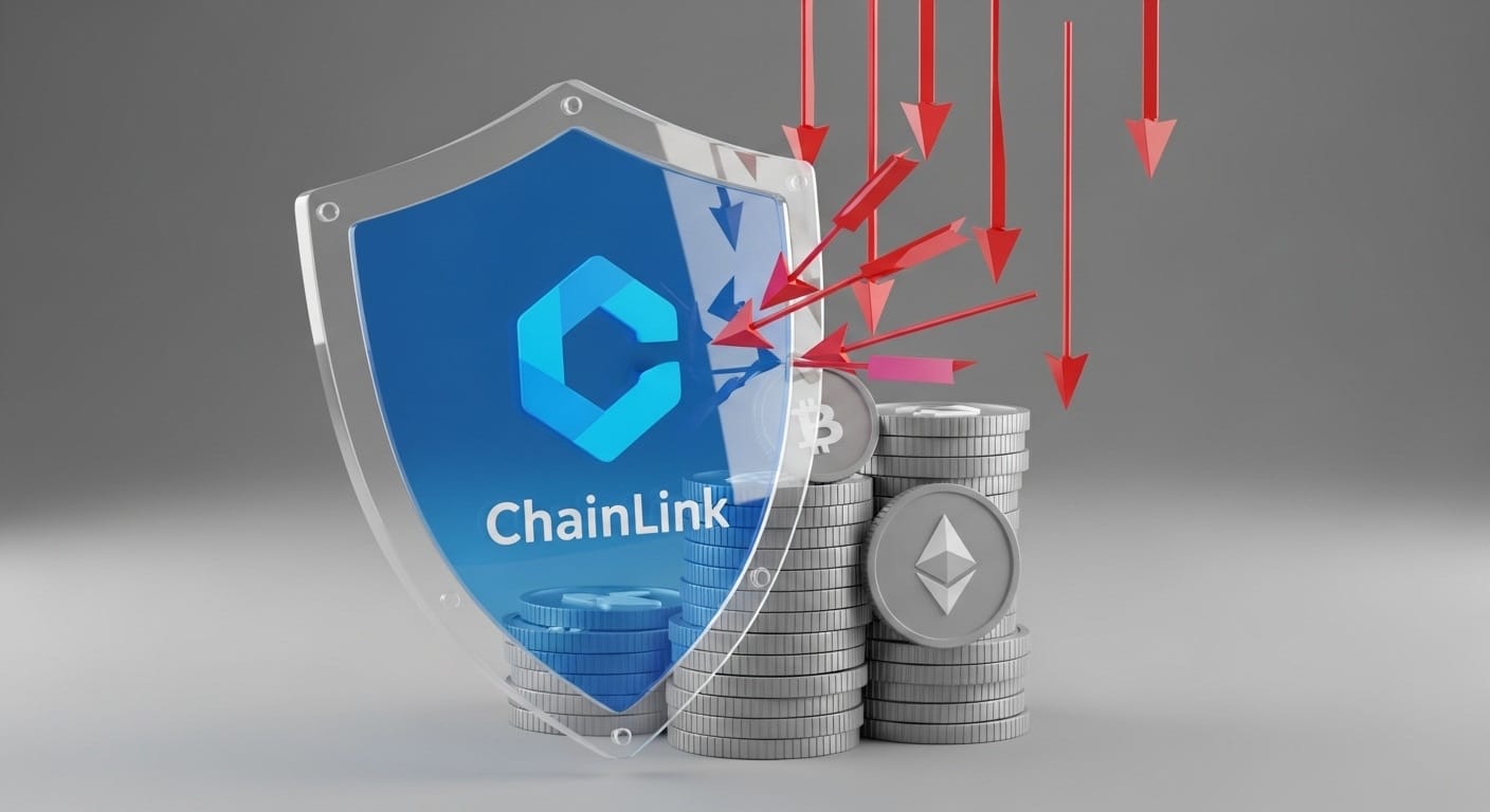 Щит с логотипом Chainlink защищает иконку протокола Aave от красных стрелок, символизирующих волатильность рынка.