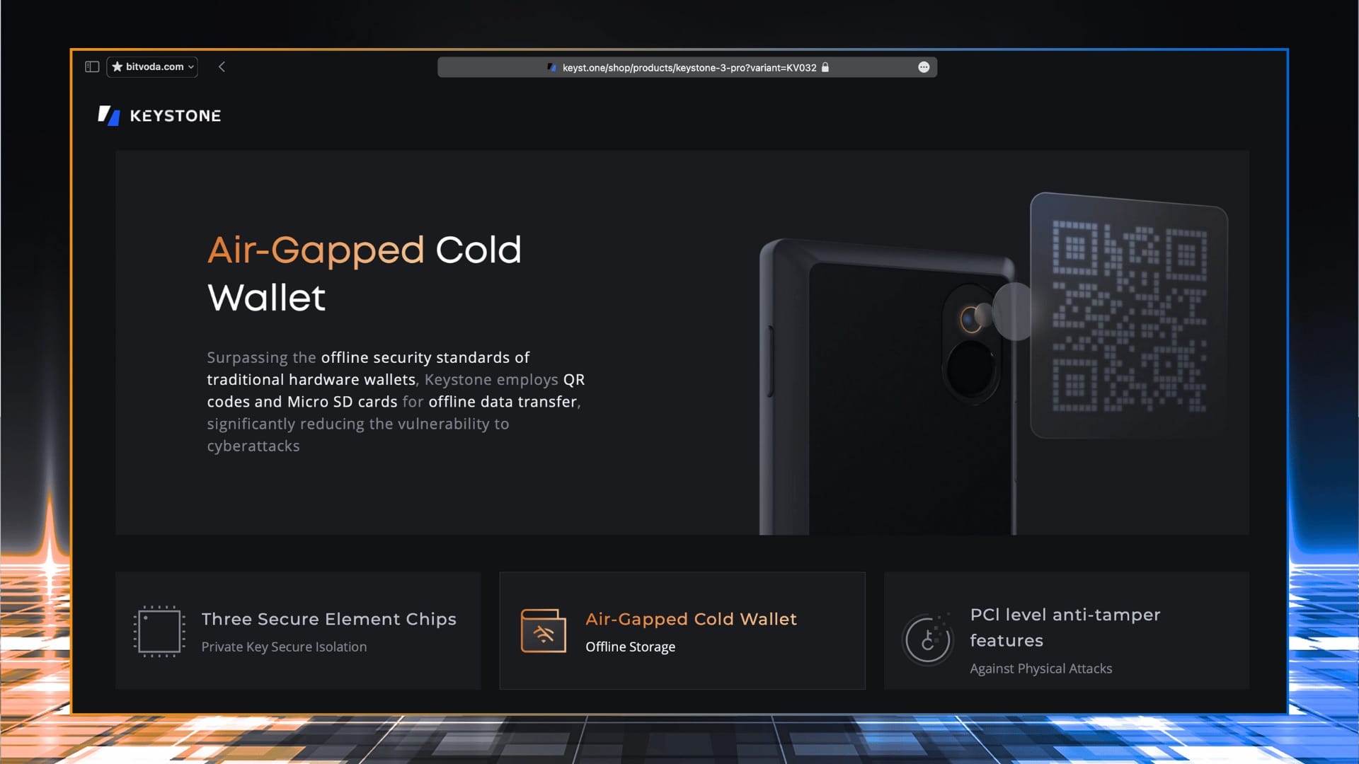 Пользователь безопасно подписывает транзакцию, сканируя QR-код с экрана Keystone 3 Pro, демонстрируя air-gapped технологию.