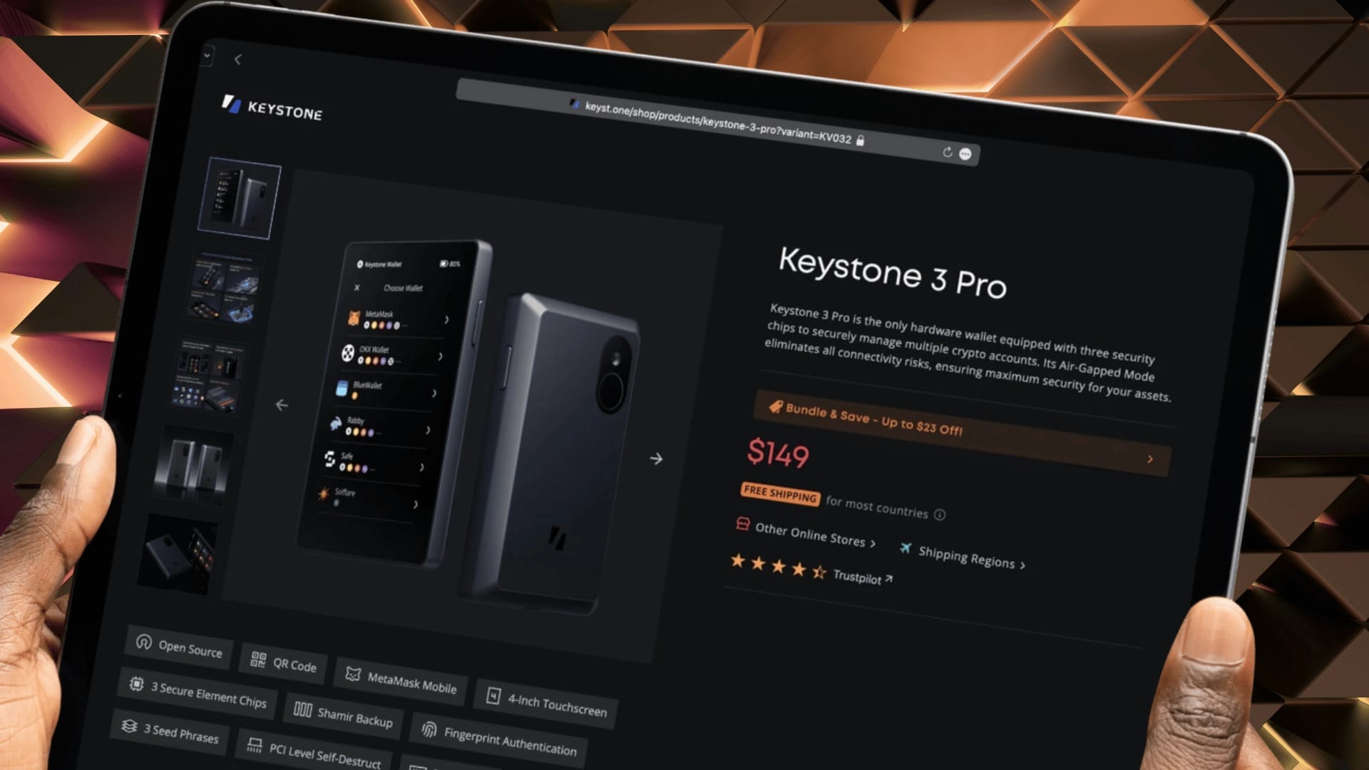 Аппаратный кошелек Keystone 3 Pro на футуристичном фоне, символизирующий безопасность криптовалют в эпоху Web3.
